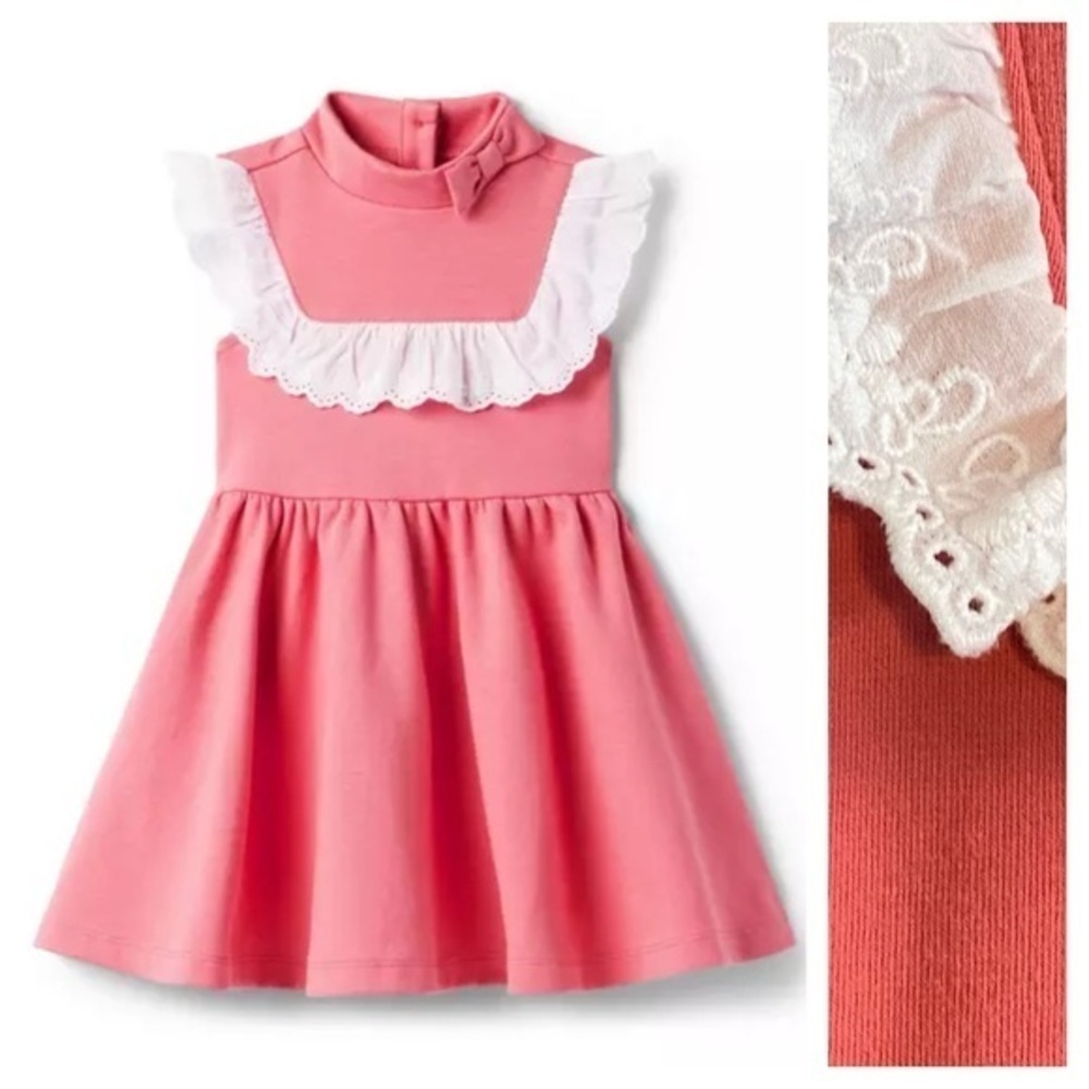 Janie and Jack Pink White Eyelet Ruffle Ponte Dress 4t